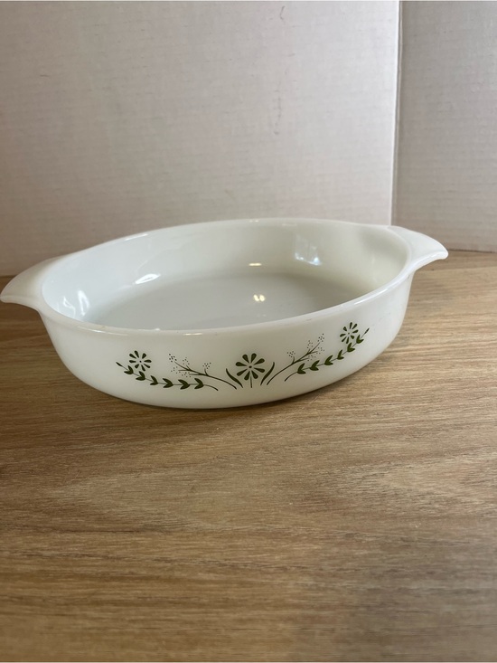 Fire King Other - Vintage White Casserole Dish with Green Floral Pattern Fire King